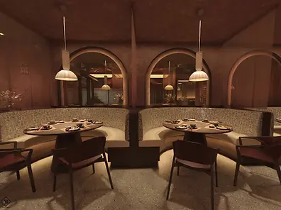 Elegant restaurant dining room with cozy booths, tables, and warm lighting.