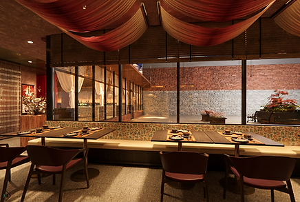 Elegant restaurant interior with draped ceiling, dark tables, and outdoor patio view.